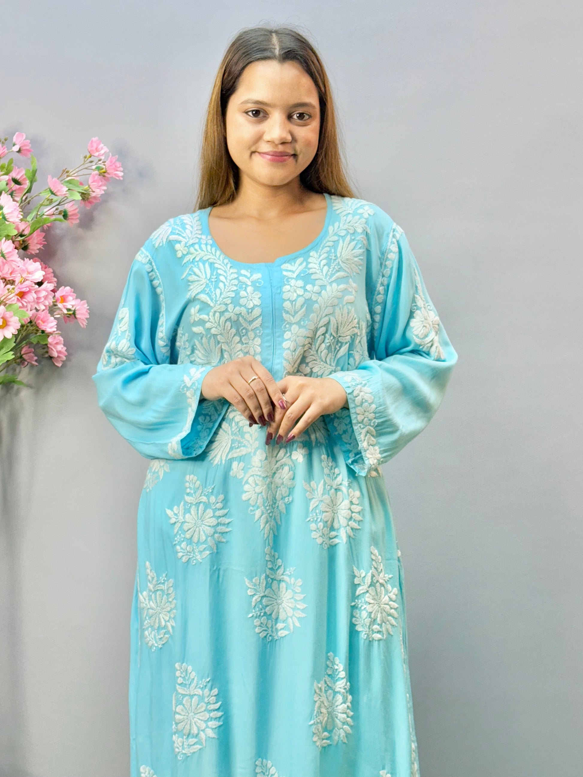 Sky blue modal fabric Chikankari kurta with white Lucknow embroidery