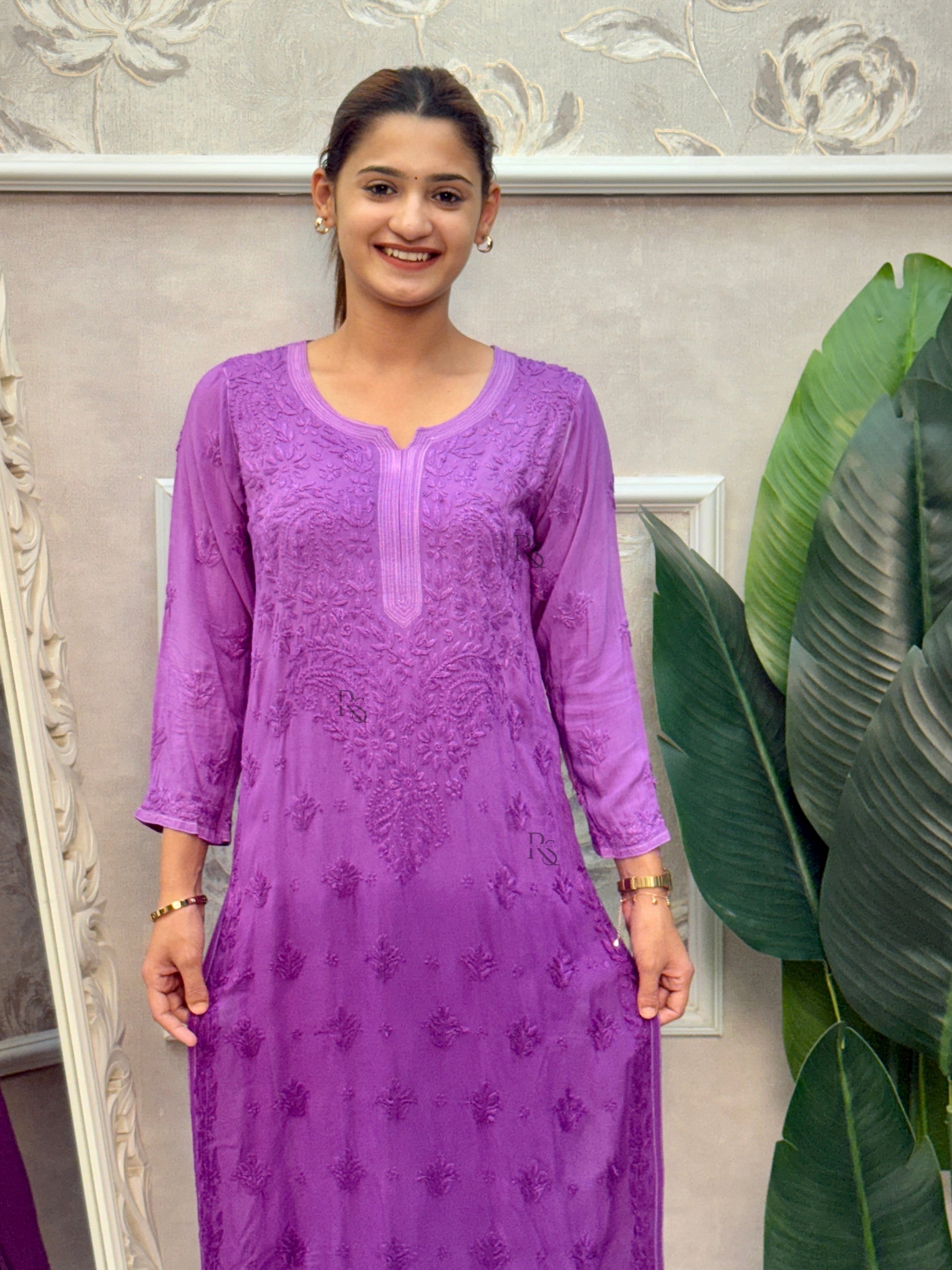 Purple modal Lucknow Chikankari kurta with delicate hand embroidery.
