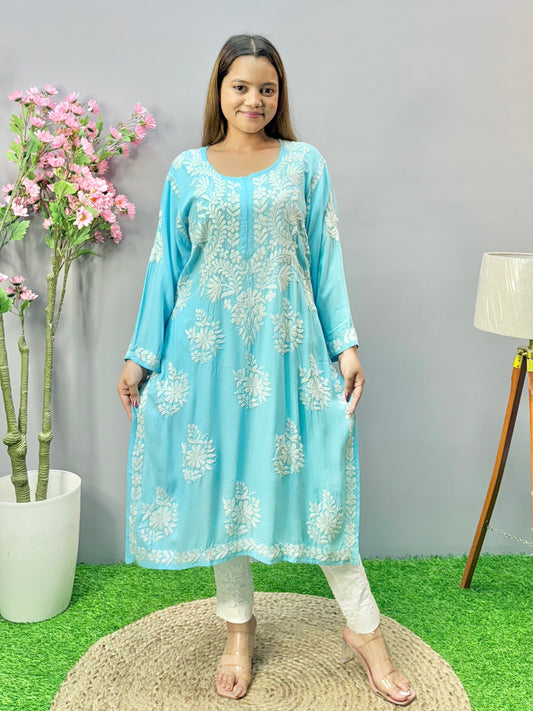 Sky blue modal fabric Chikankari kurta with white Lucknow embroidery
