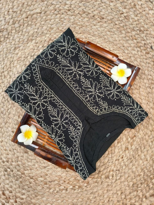 Black Chanderi Bakhiya work Lucknow Chikankari kurta with hand embroidery