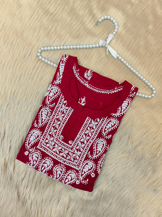 Maroon cotton chikankari kurta with white hand embroidery and paisley motifs