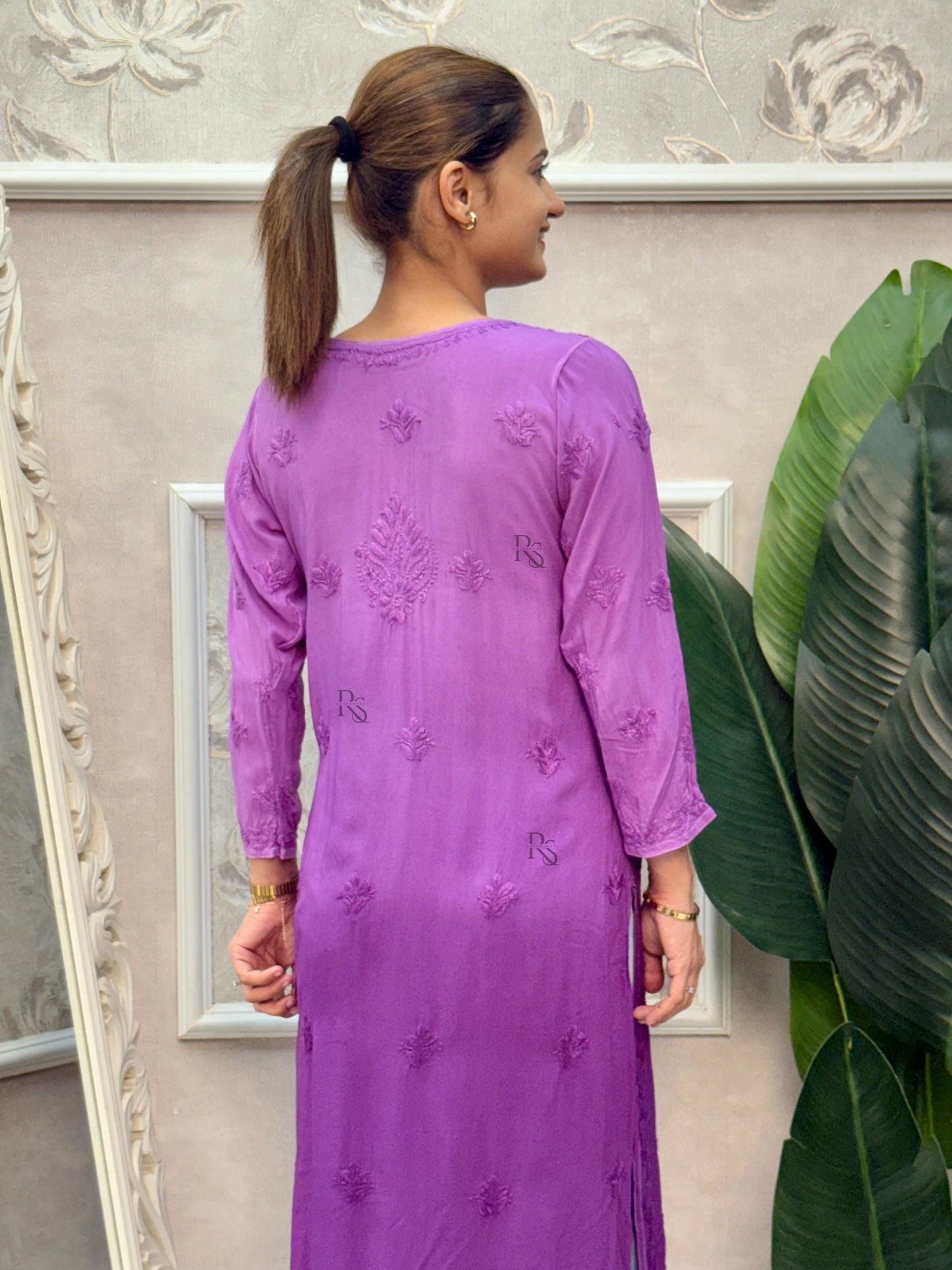Purple modal Lucknow Chikankari kurta with delicate hand embroidery.