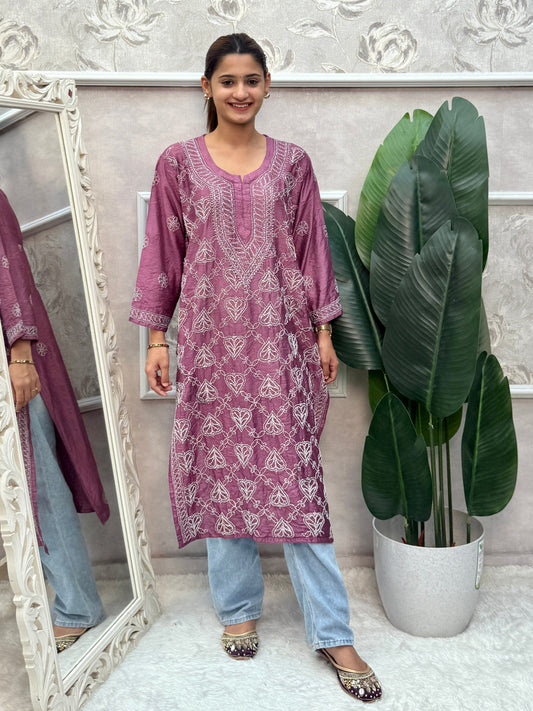 Mauve Chanderi Lucknow Chikankari kurta with delicate white hand embroidery.