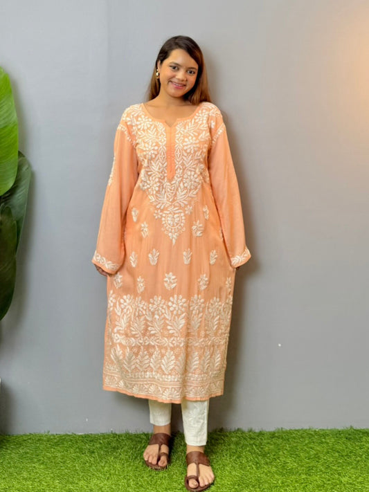 Peach modal Lucknowi Chikankari kurta with white hand embroidery