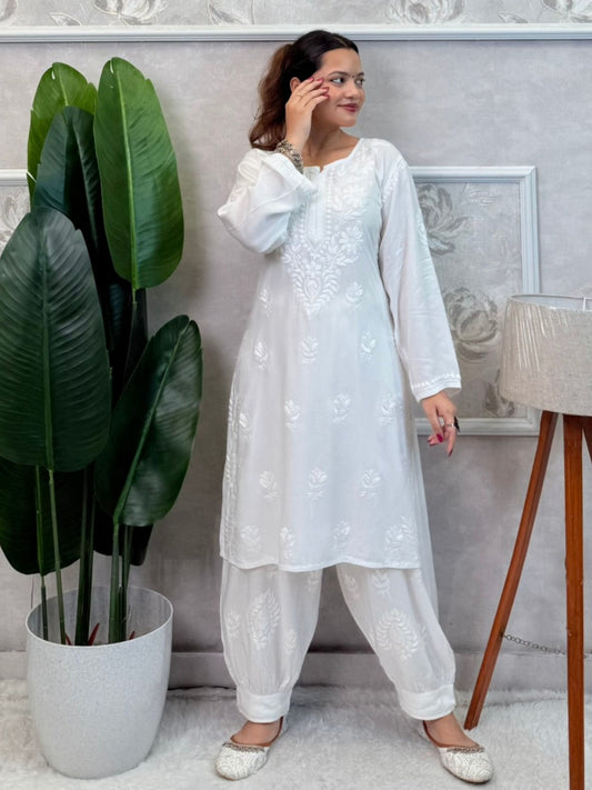 White dyable rayon chikankari kurta and Afghani pant set with hand embroidery