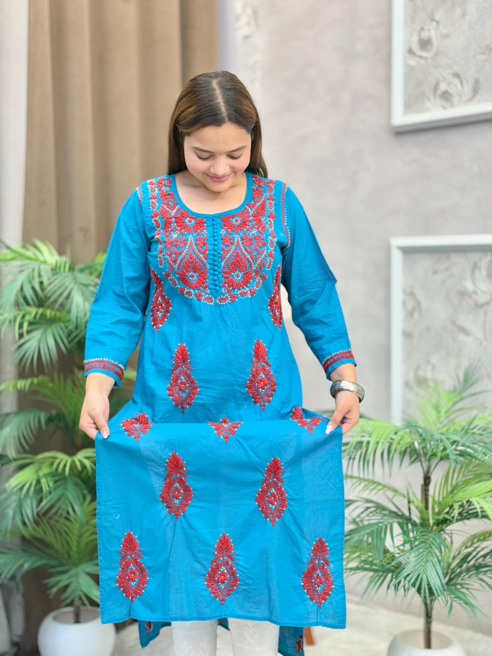Teal blue cotton kurta with red and white contrast Lucknow Chikankari embroidery