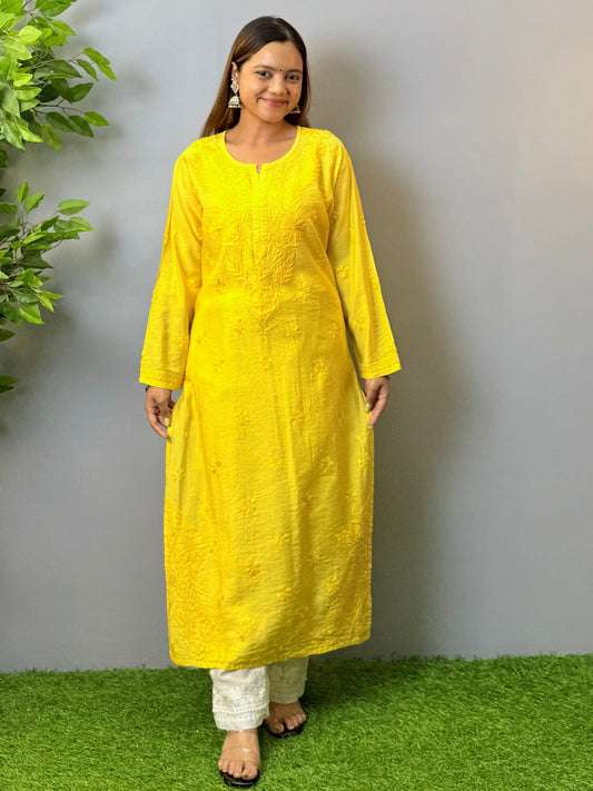 Yellow Chanderi Lucknow Chikankari Kurta with delicate hand embroidery