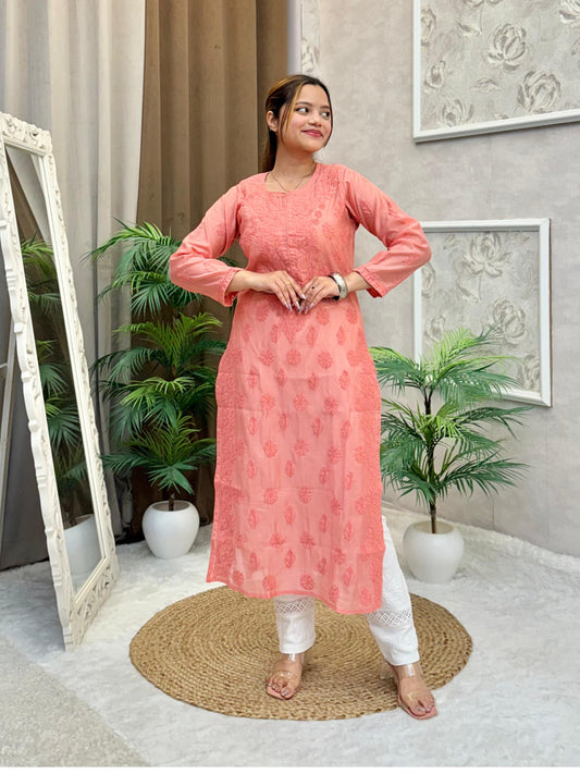 Peach Chanderi Lucknow Chikankari kurta with intricate bakhia hand embroidery