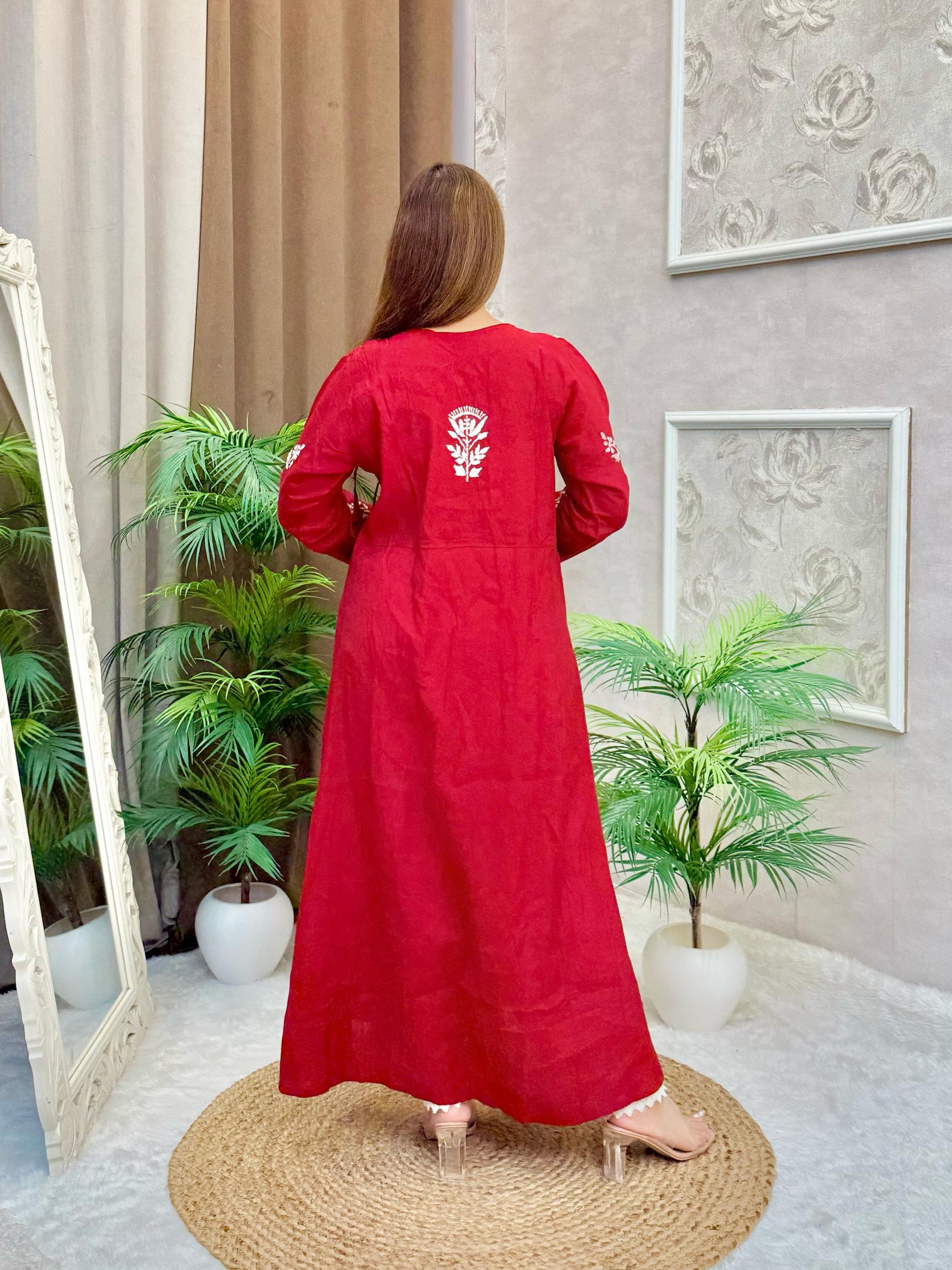Maroon Chanderi fabric Angrakha-style kurta with white Lucknow Chikankari embroidery