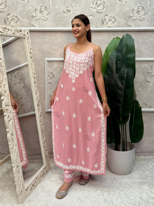Pink sleeveless Lucknow Chikankari kurta and pant set with hand embroidery in rayon fabric