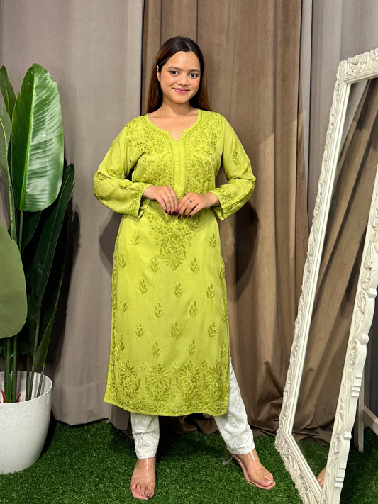 Lime green modal fabric Lucknow Chikankari straight kurta for women
