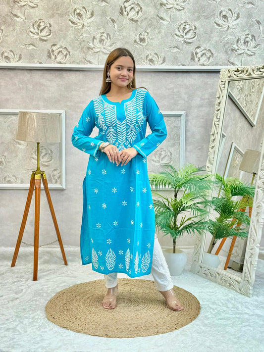 Sky blue cotton Lucknow Chikankari kurta with white thread embroidery