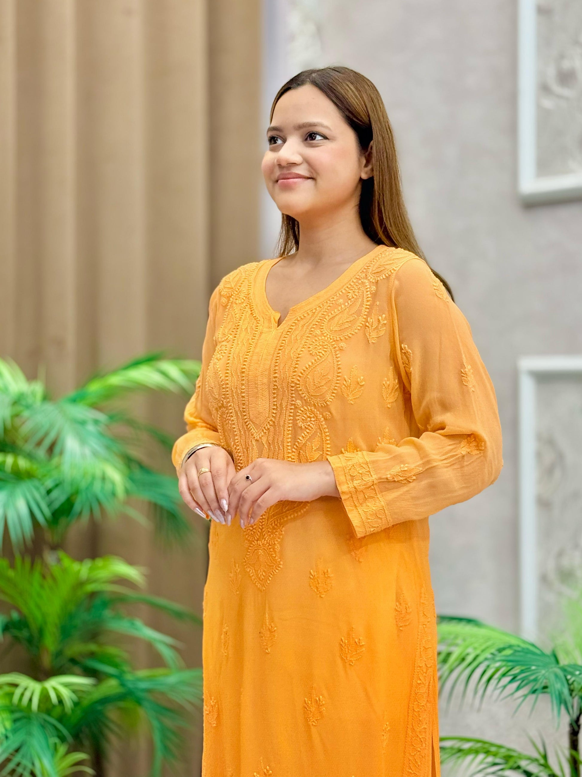 Amber orange viscose kurta with Lucknow chikankari hand embroidery