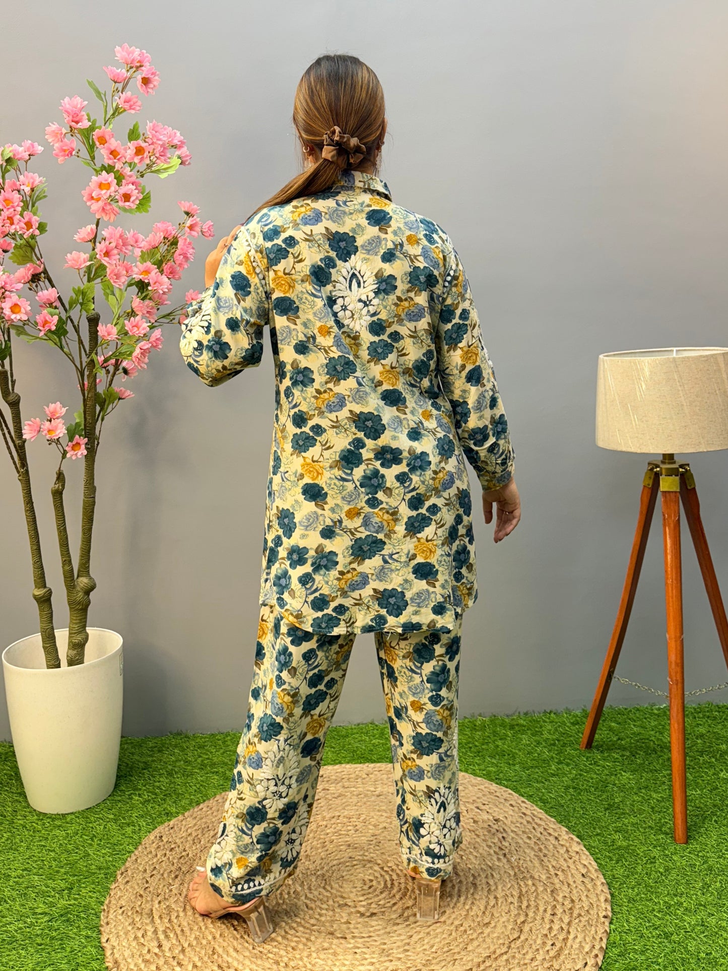 Blue and yellow floral printed rayon co-ord set with Lucknow Chikankari embroidery