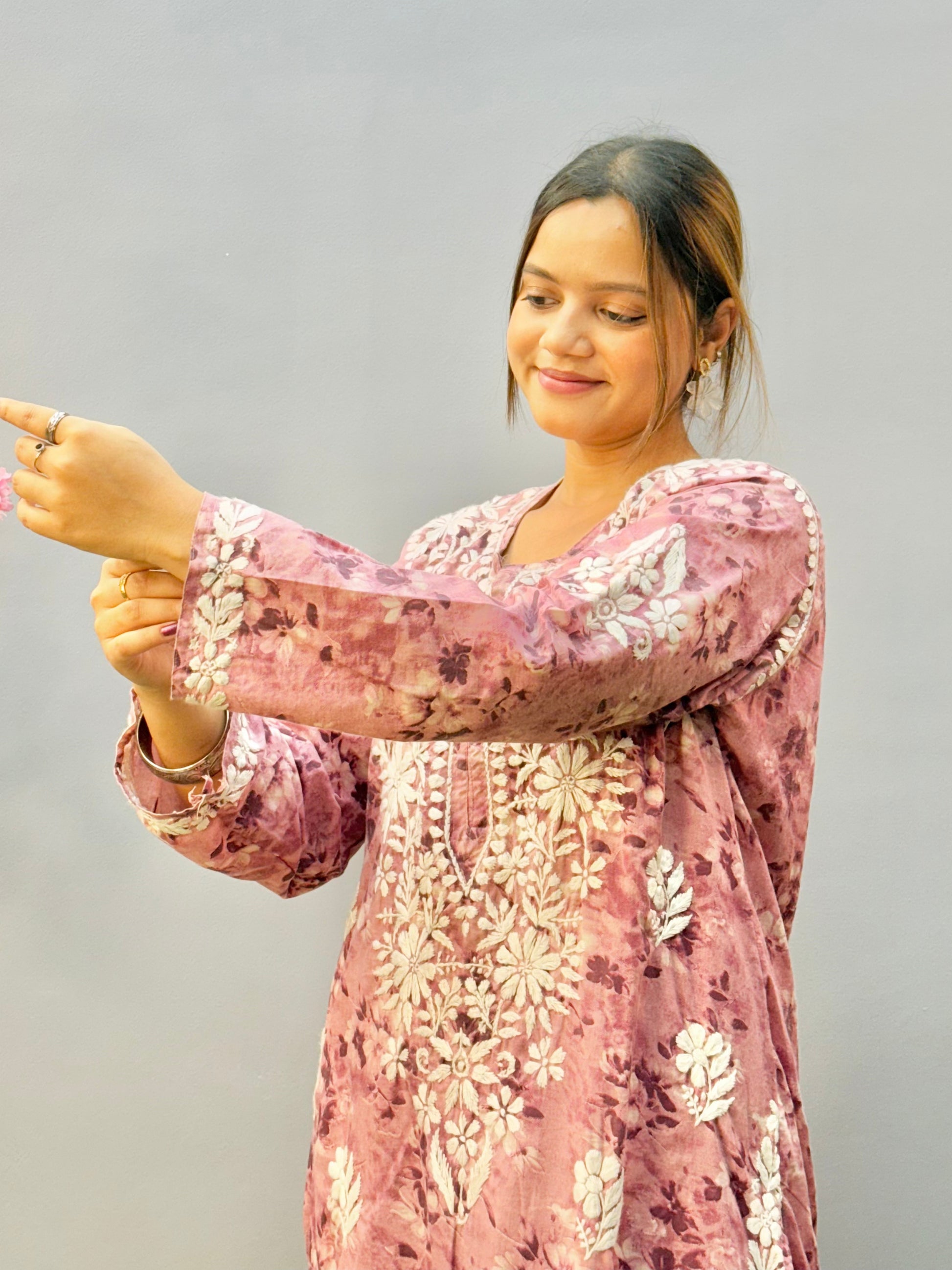 Rose mauve printed Lucknow chikankari kurta and palazzo set in soft mulmul fabric