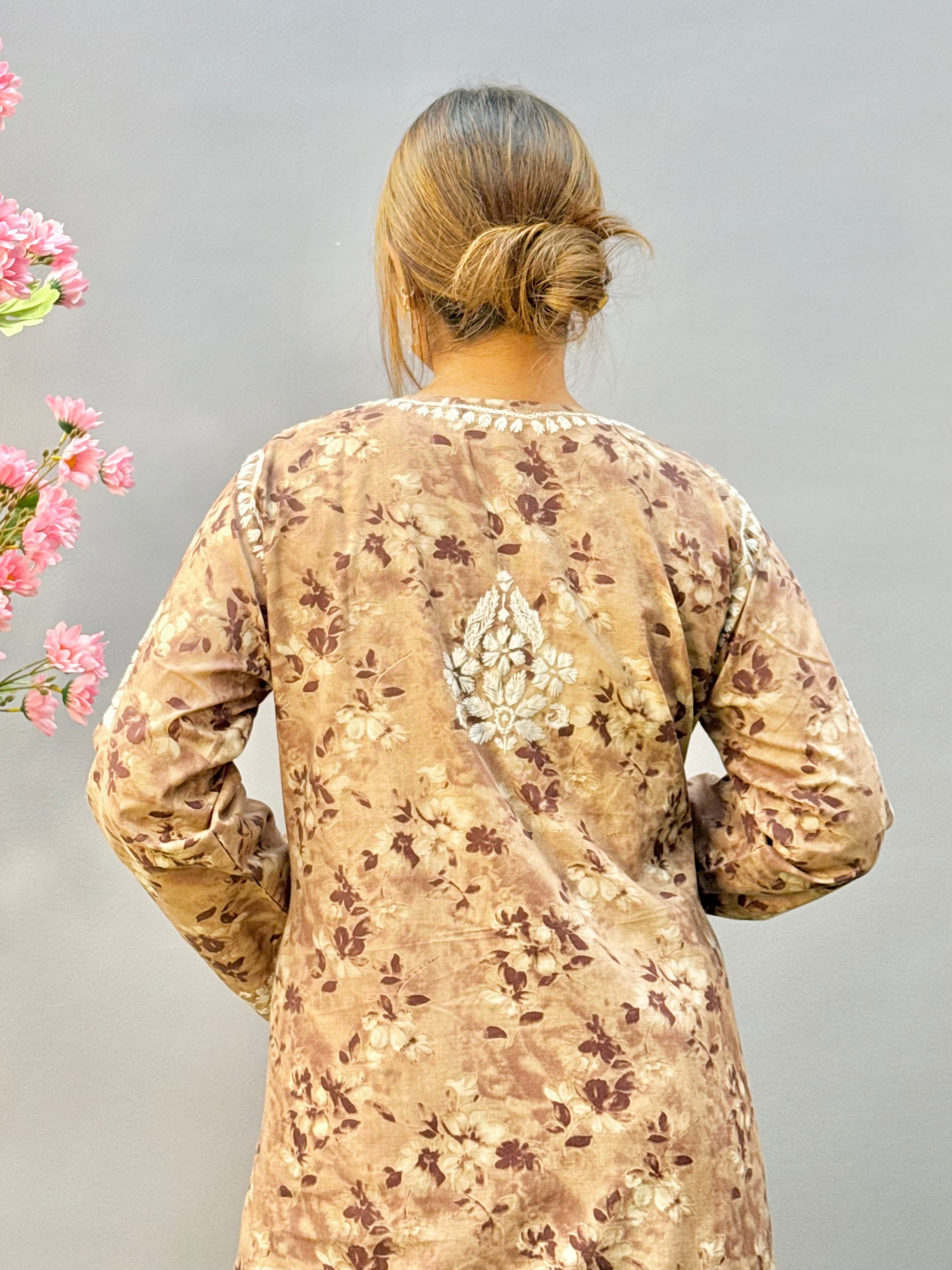 Beige brown printed chikankari kurta and palazzo set in breathable mulmul fabric