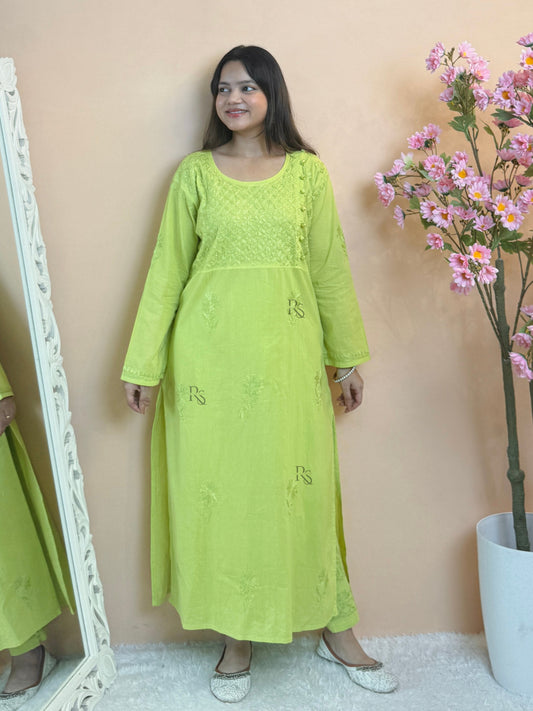 Lime green cotton chikankari kurta with matching stretch pant, hand embroidered ethnic set