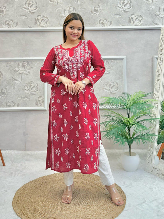 Maroon cotton Lucknow Chikankari kurta with white hand embroidery