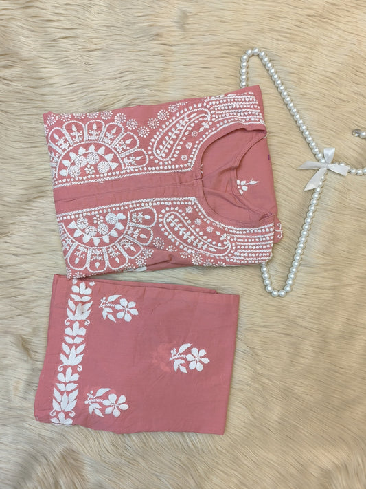 Dusty rose cotton chikankari kurta and palazzo set with white hand embroidery