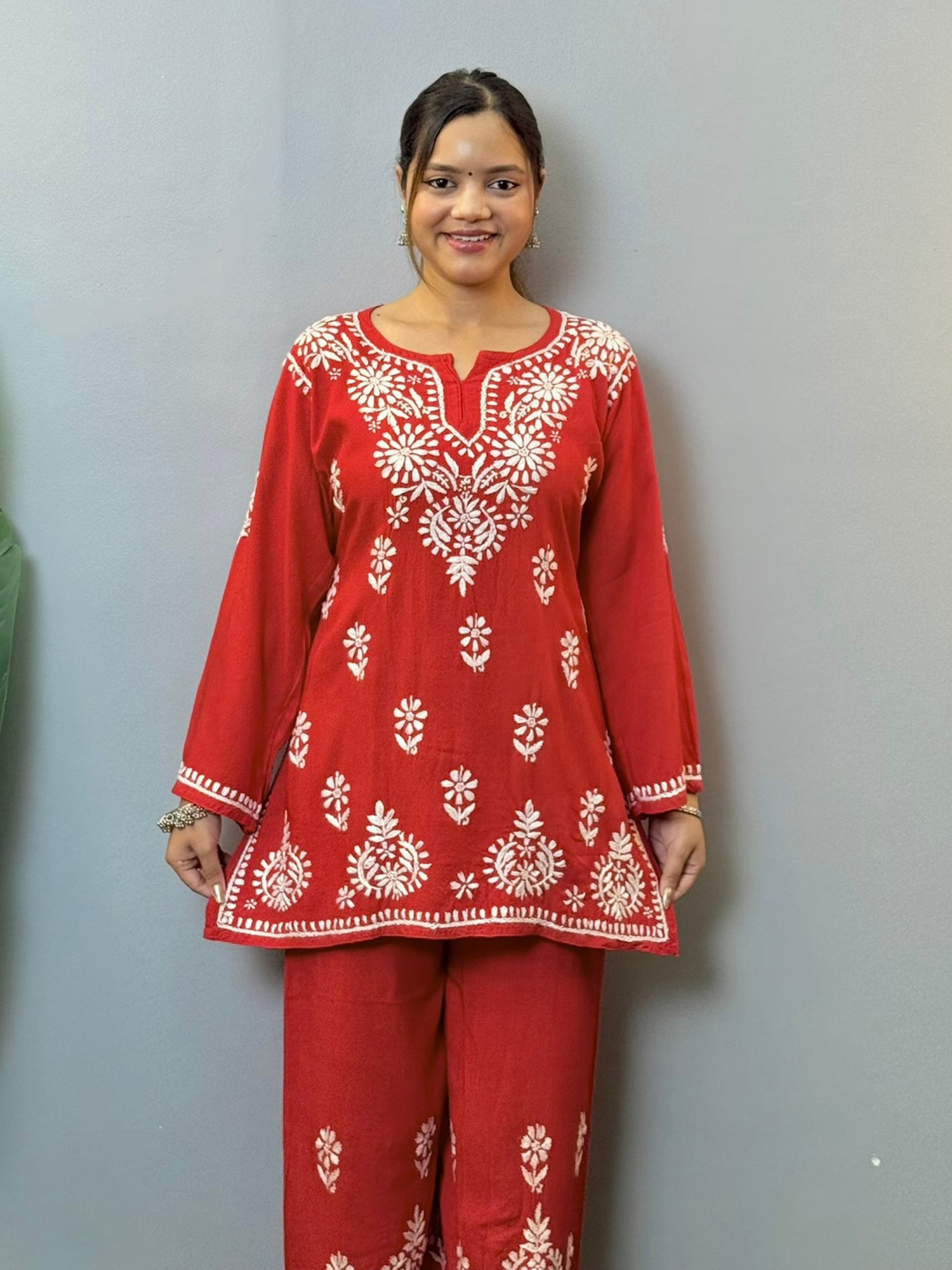 Red rayon chikankari short kurta and pant set with white hand embroidery