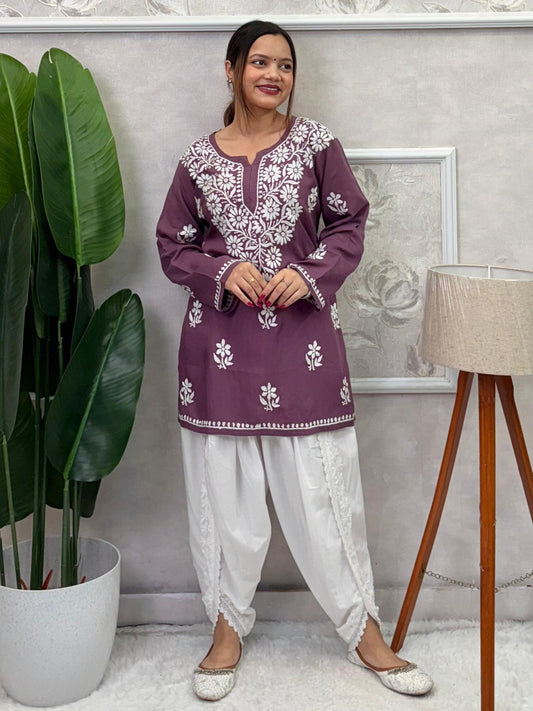 Plum purple modal short kurta with white Lucknow Chikankari hand embroidery – premium, soft, and elegant