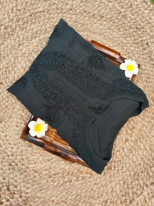 Black modal short kurta with Lucknowi Chikankari hand embroidery – premium casual wear