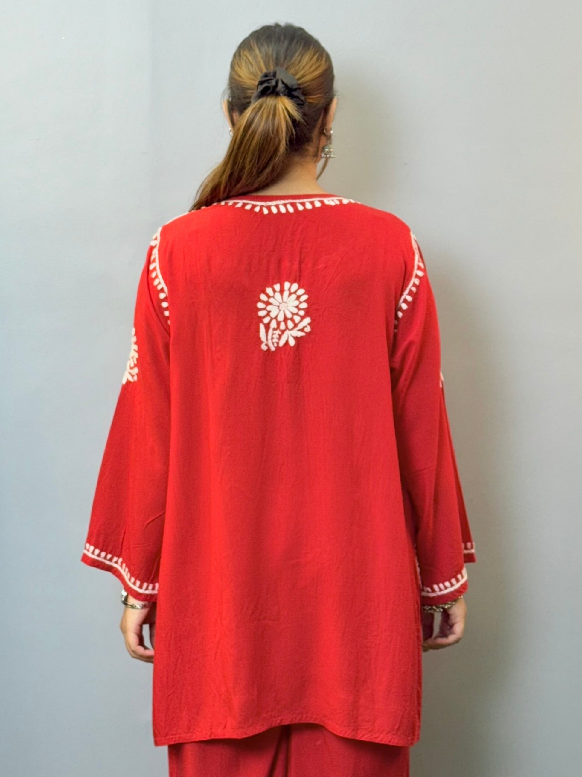 Red rayon chikankari short kurta and pant set with white hand embroidery