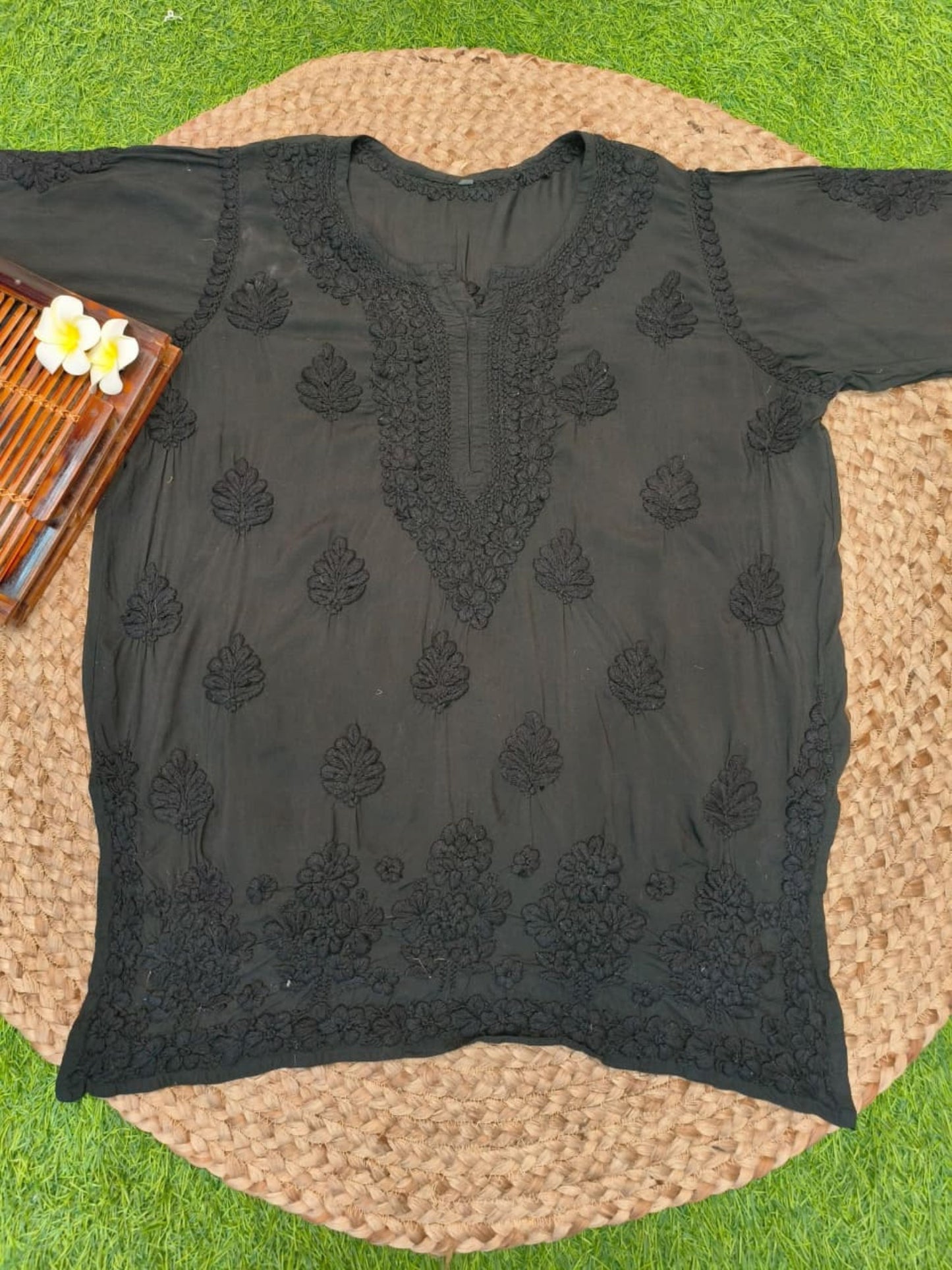 Black modal short kurta with Lucknowi Chikankari hand embroidery – premium casual wear