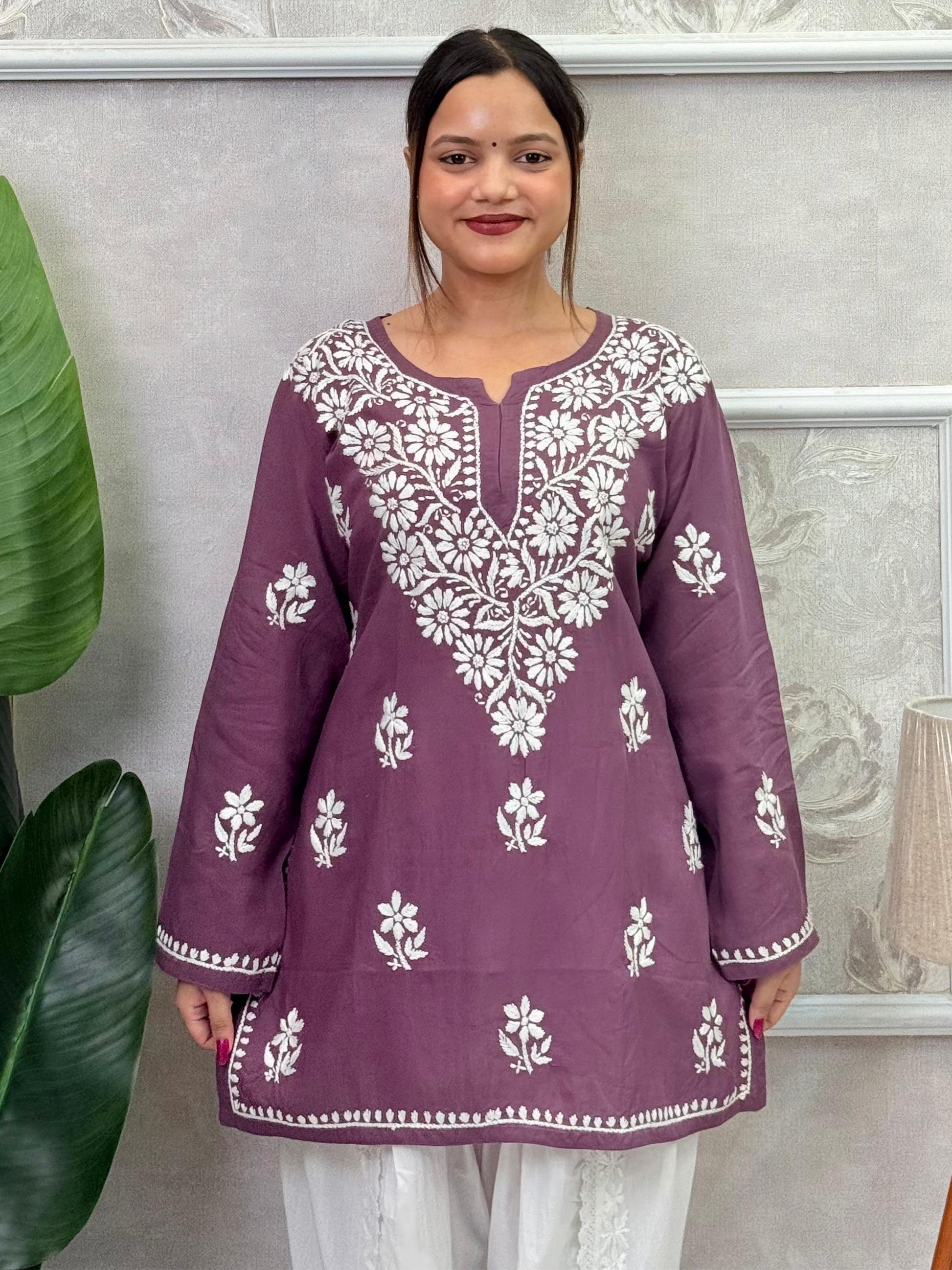 Plum purple modal short kurta with white Lucknow Chikankari hand embroidery – premium, soft, and elegant