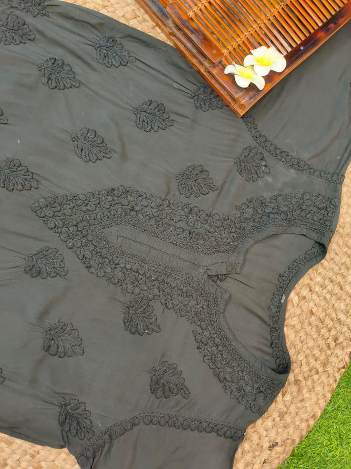 Black modal short kurta with Lucknowi Chikankari hand embroidery – premium casual wear
