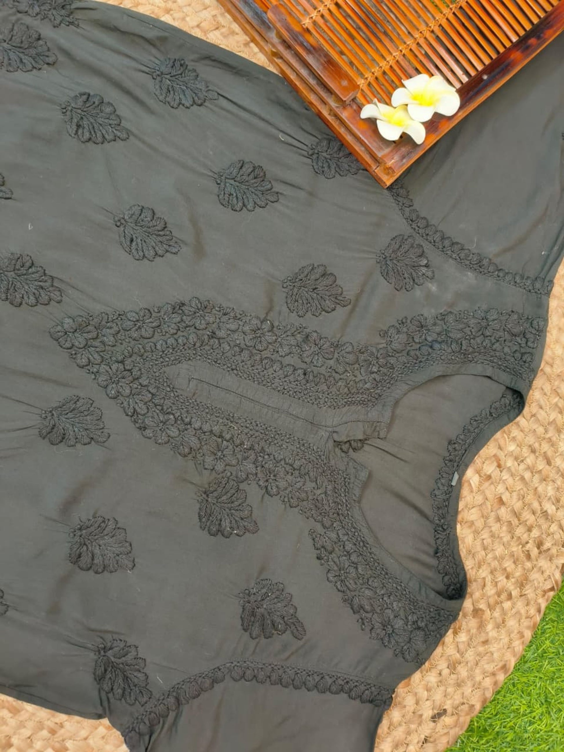 Black modal short kurta with Lucknowi Chikankari hand embroidery – premium casual wear