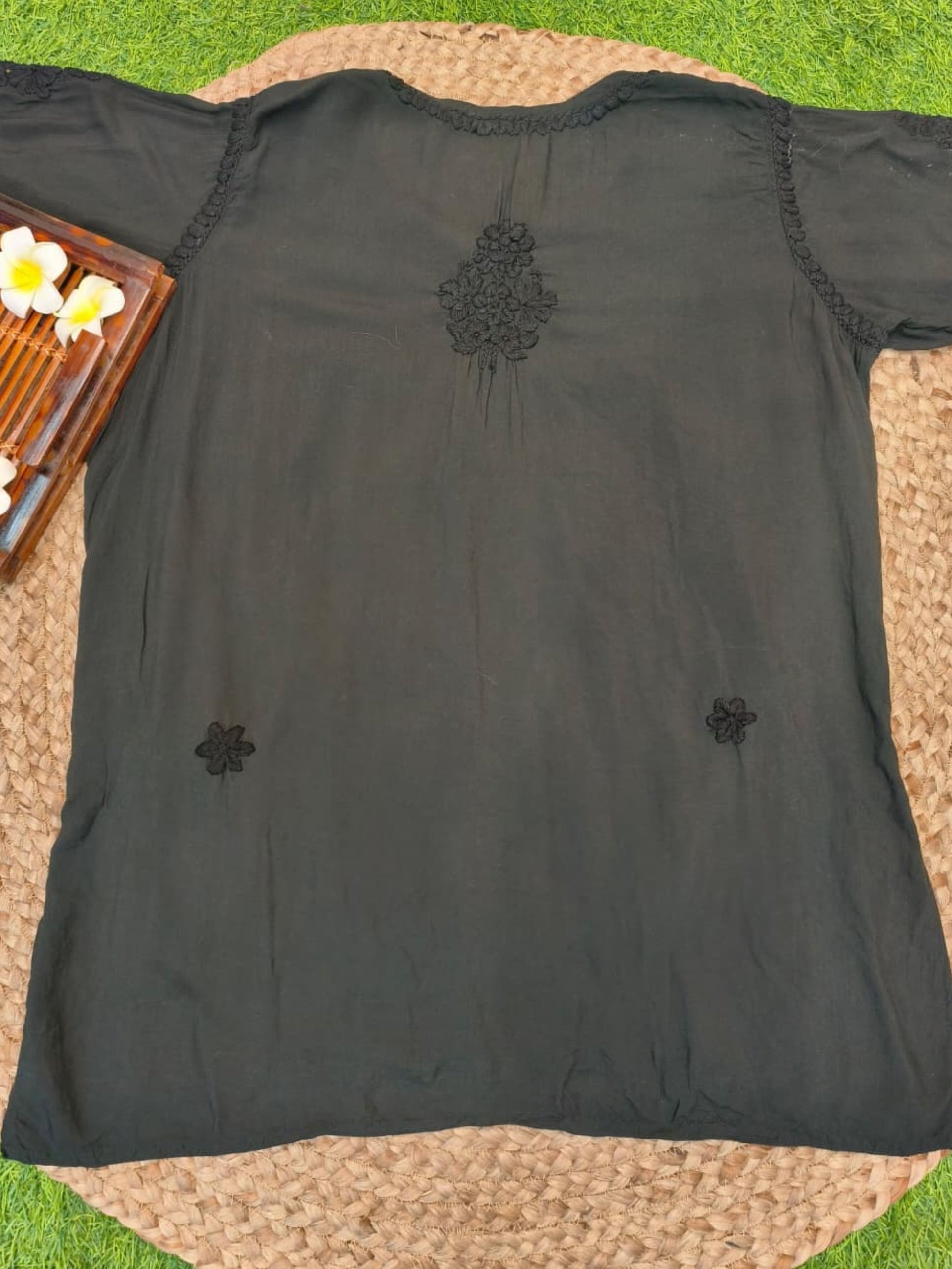 Black modal short kurta with Lucknowi Chikankari hand embroidery – premium casual wear