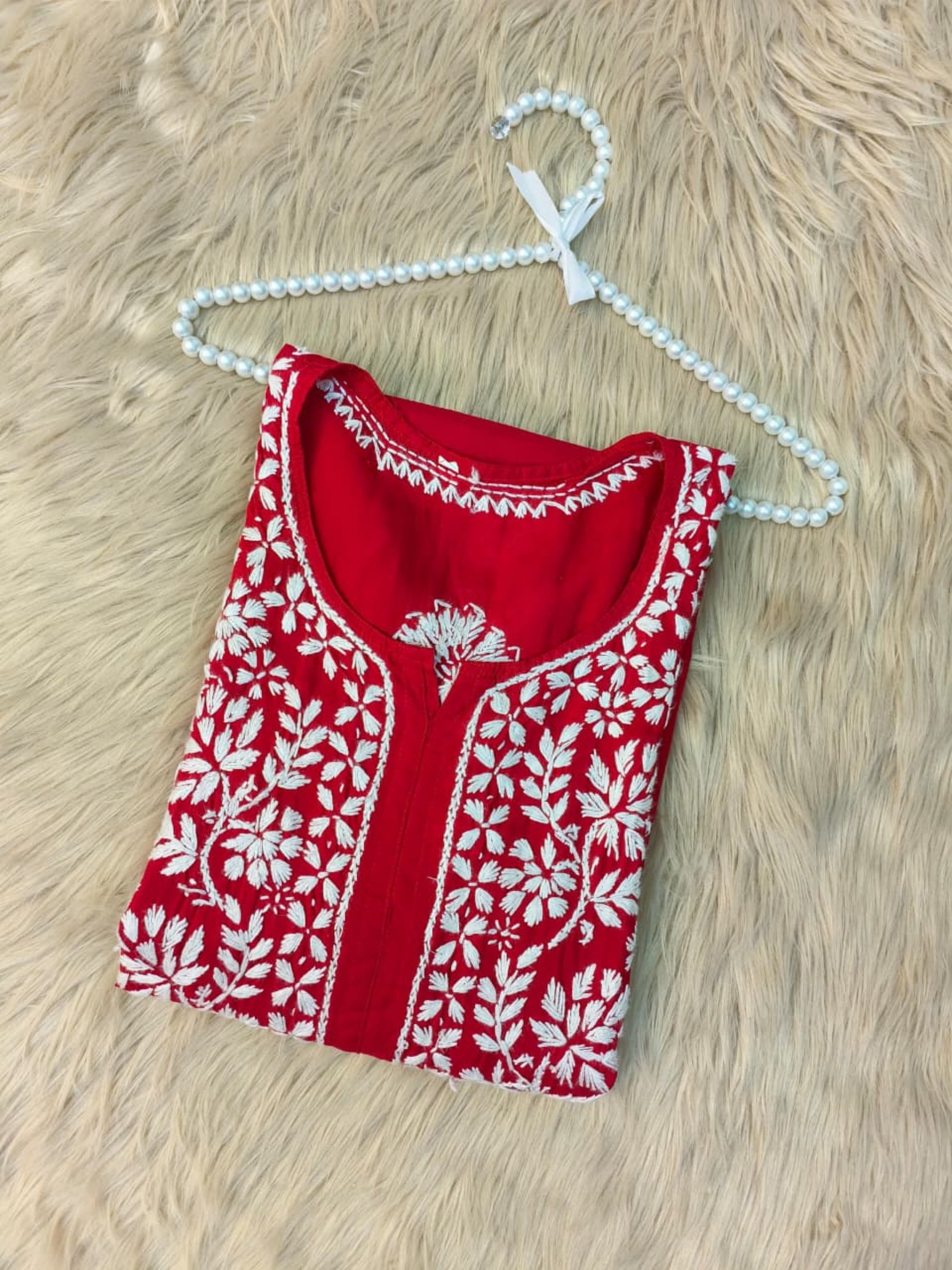 Red rayon Lucknow Chikankari kurta with white hand embroidery, premium and soft fabric