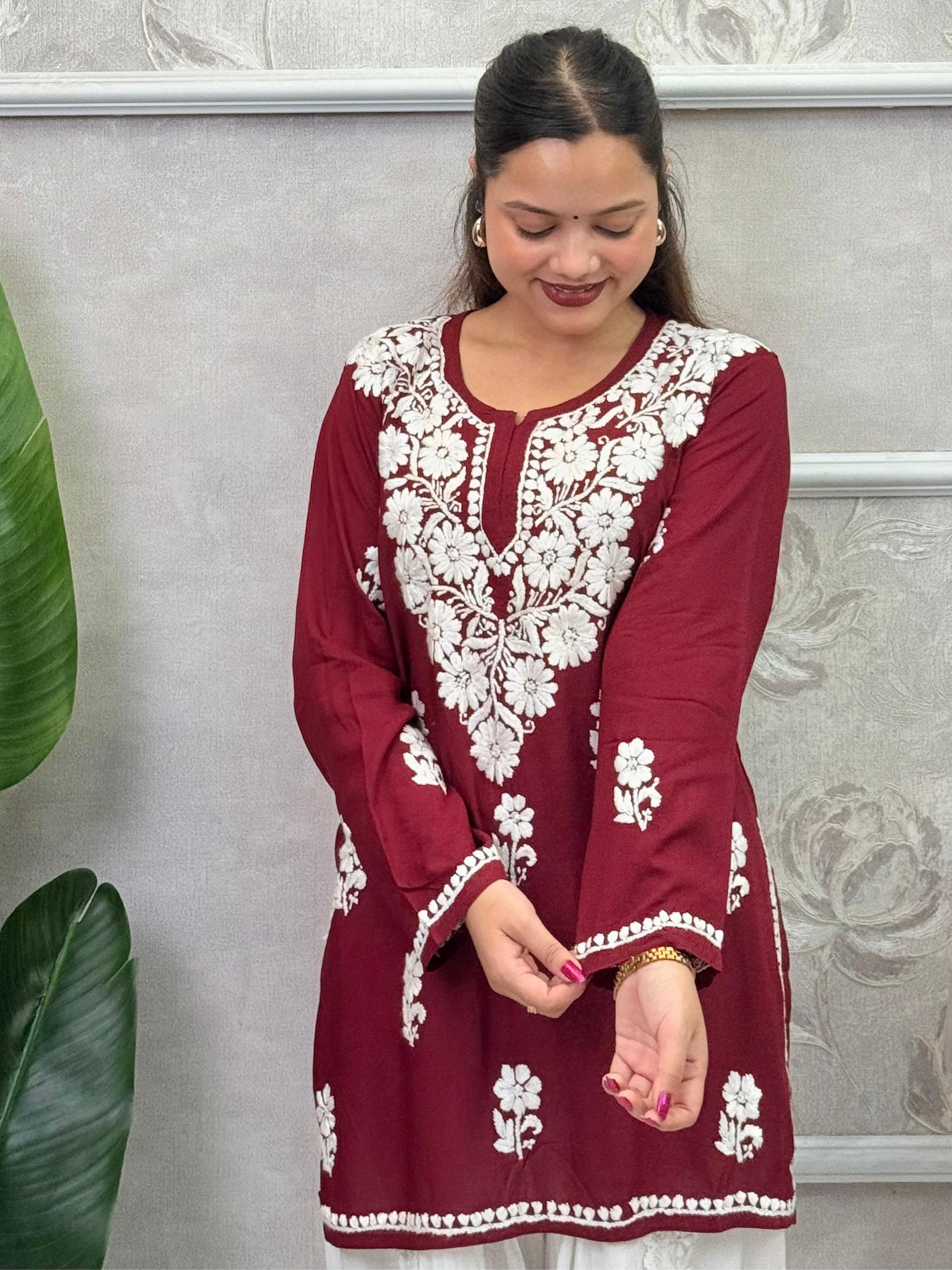 Maroon modal short kurta with white hand-embroidered Lucknow Chikankari floral motifs – R S Chikankari