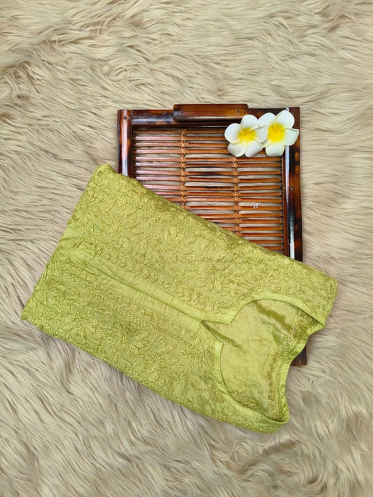 Green Chanderi Lucknow Chikankari Kurta with hand embroidery – soft & premium quality