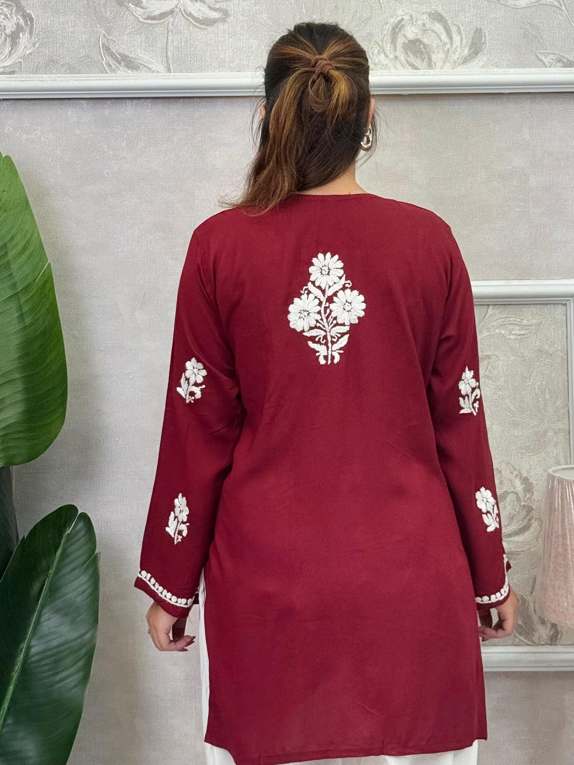 Maroon modal short kurta with white hand-embroidered Lucknow Chikankari floral motifs – R S Chikankari