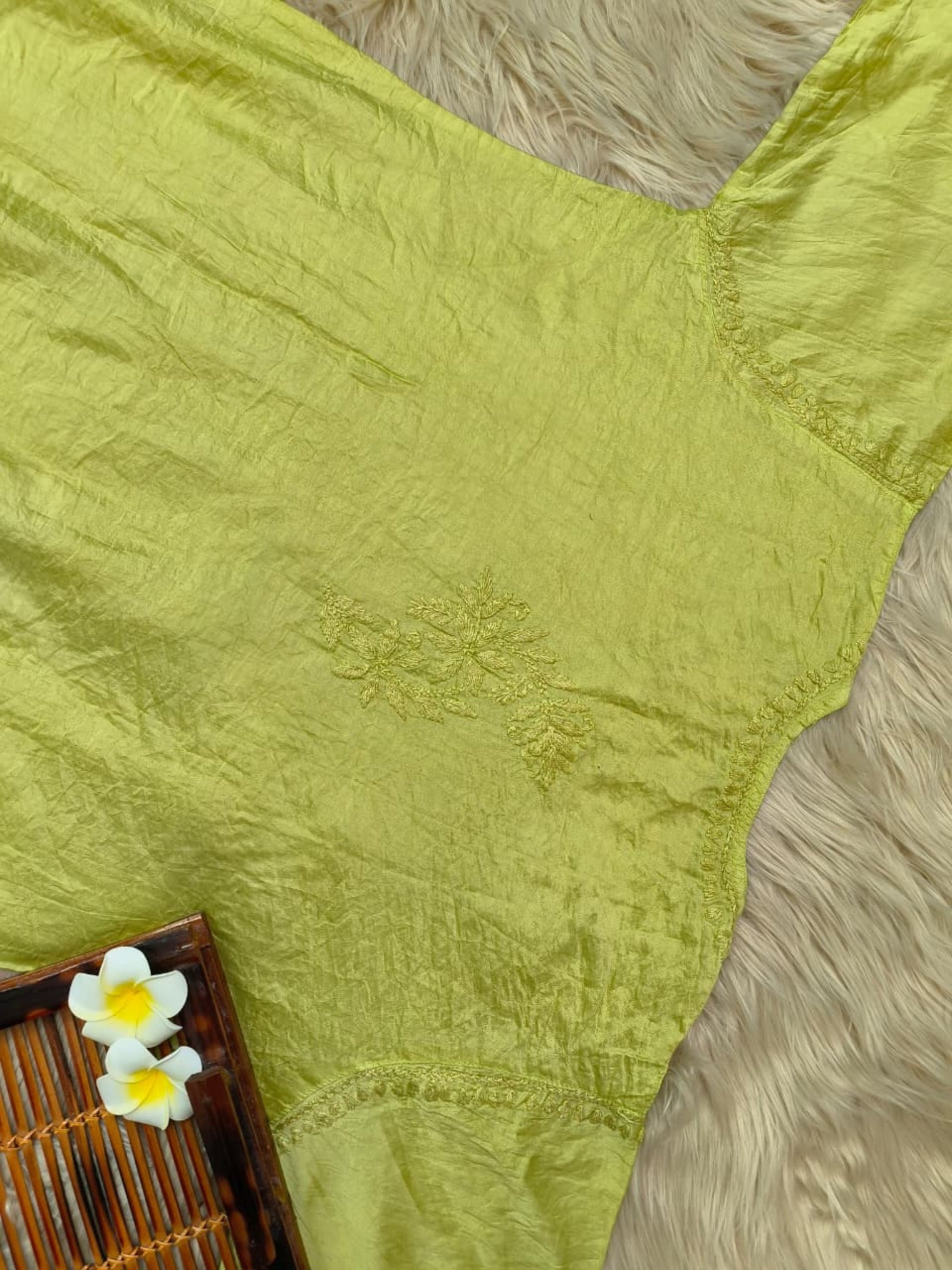 Green Chanderi Lucknow Chikankari Kurta with hand embroidery – soft & premium quality