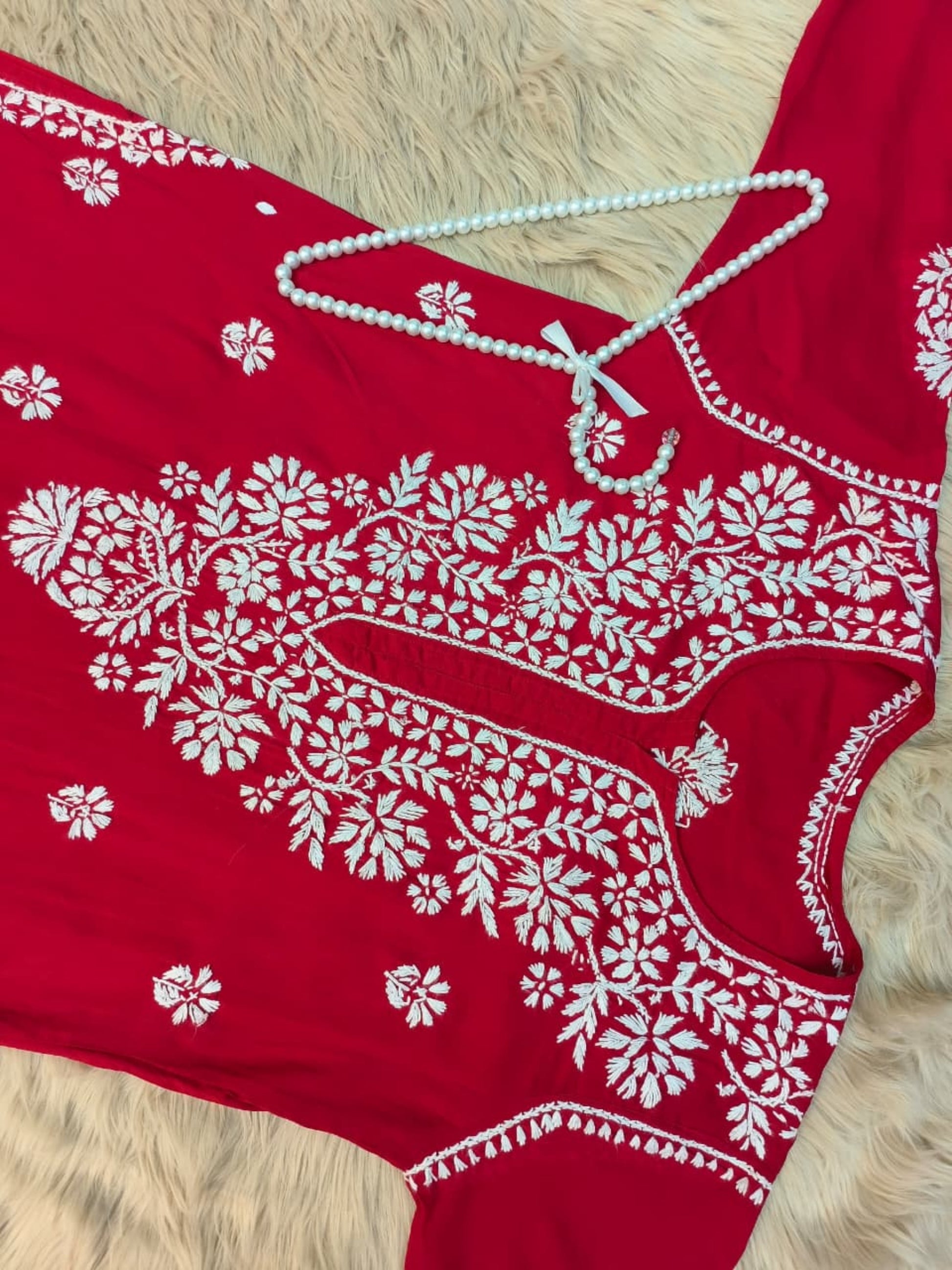Red rayon Lucknow Chikankari kurta with white hand embroidery, premium and soft fabric