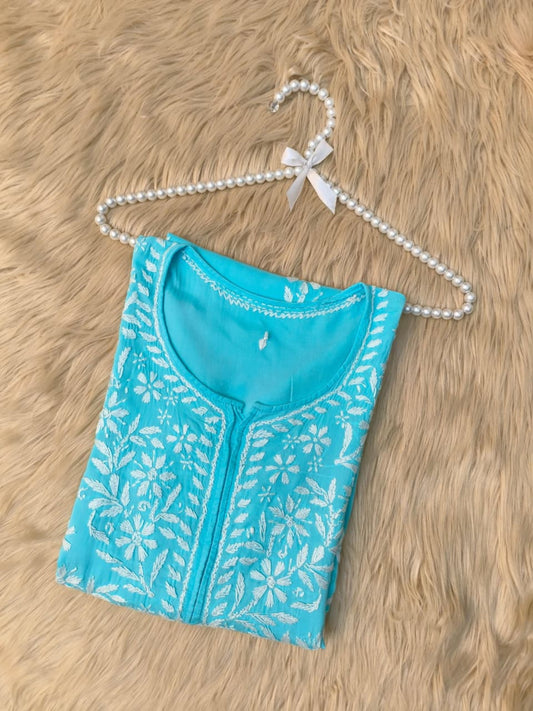 Aqua Blue Lucknow Chikankari Modal Kurta with delicate hand embroidery
