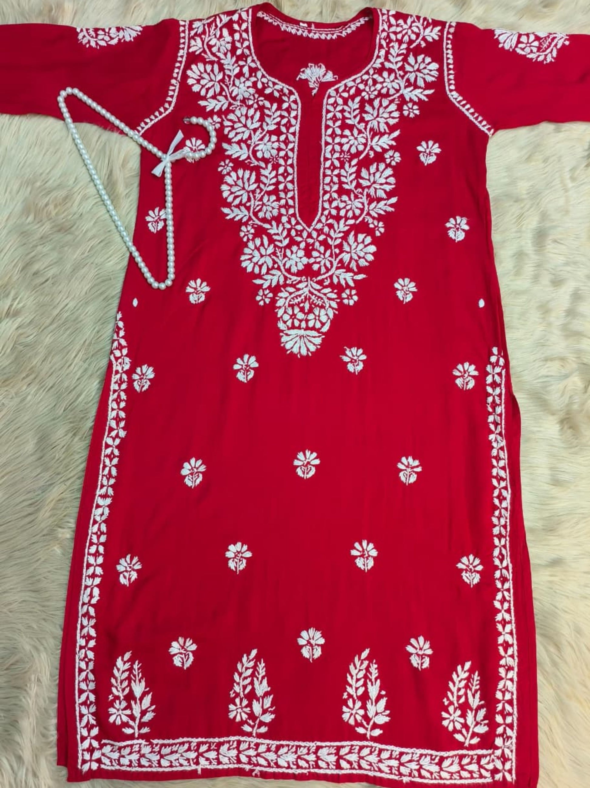 Red rayon Chikankari kurta with white floral hand embroidery – premium quality Lucknowi kurta.