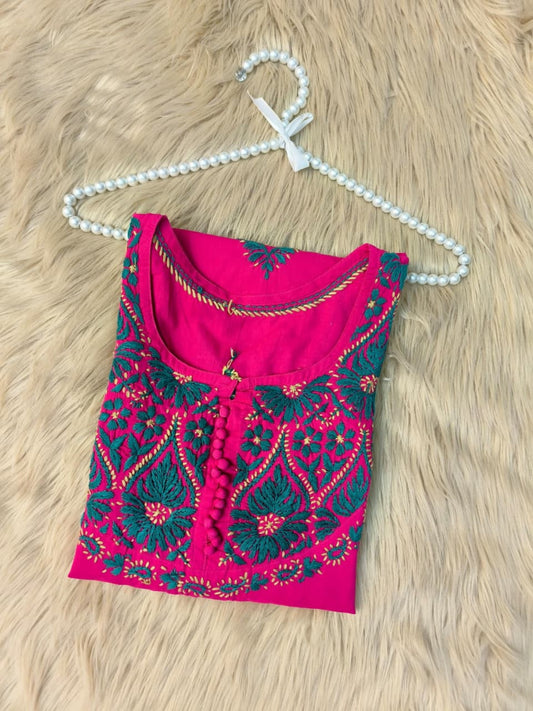 Rani Pink cotton Lucknow Chikankari kurta with contrast green hand embroidery