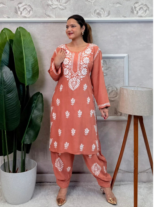 Peach rayon chikankari kurta and Afghani pant set with white hand embroidery – soft and comfortable