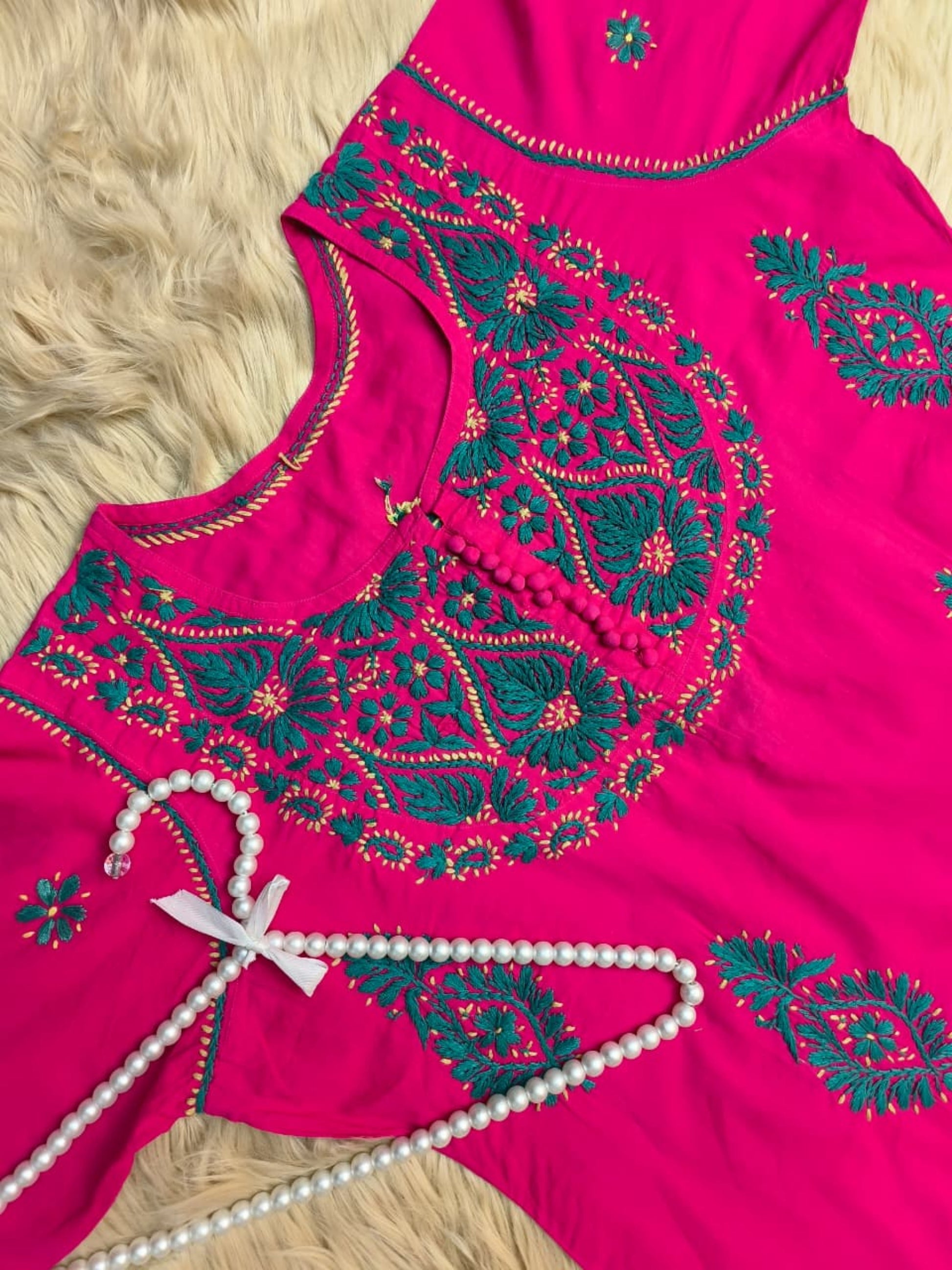 Rani Pink cotton Lucknow Chikankari kurta with contrast green hand embroidery