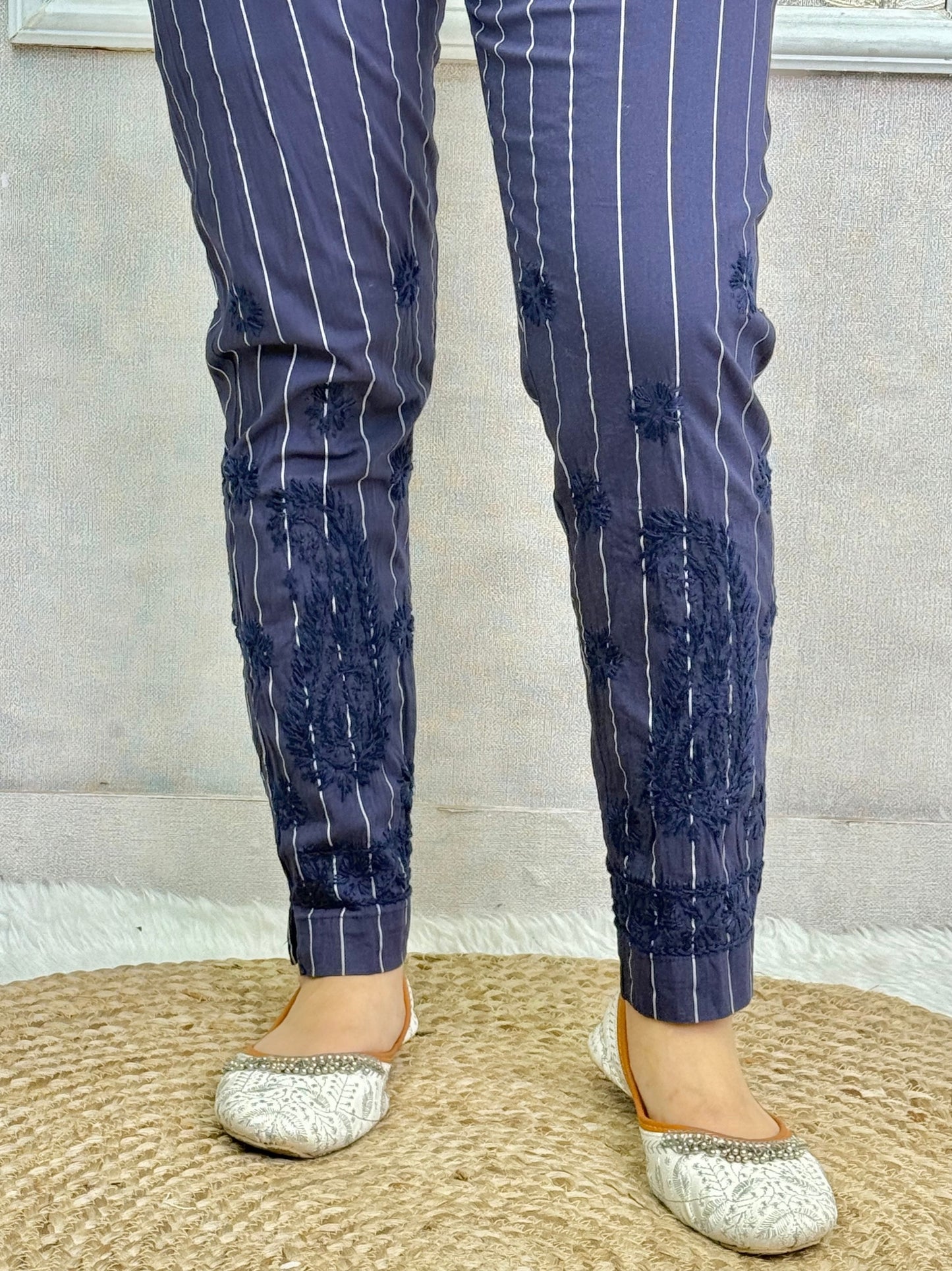 Navy blue striped cotton lycra chikankari embroidered pants, stretchable, size 24–42.