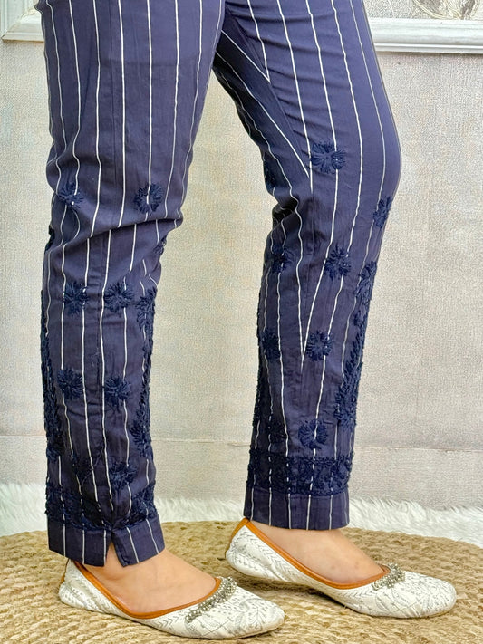 Navy blue striped cotton lycra chikankari embroidered pants, stretchable, size 24–42.