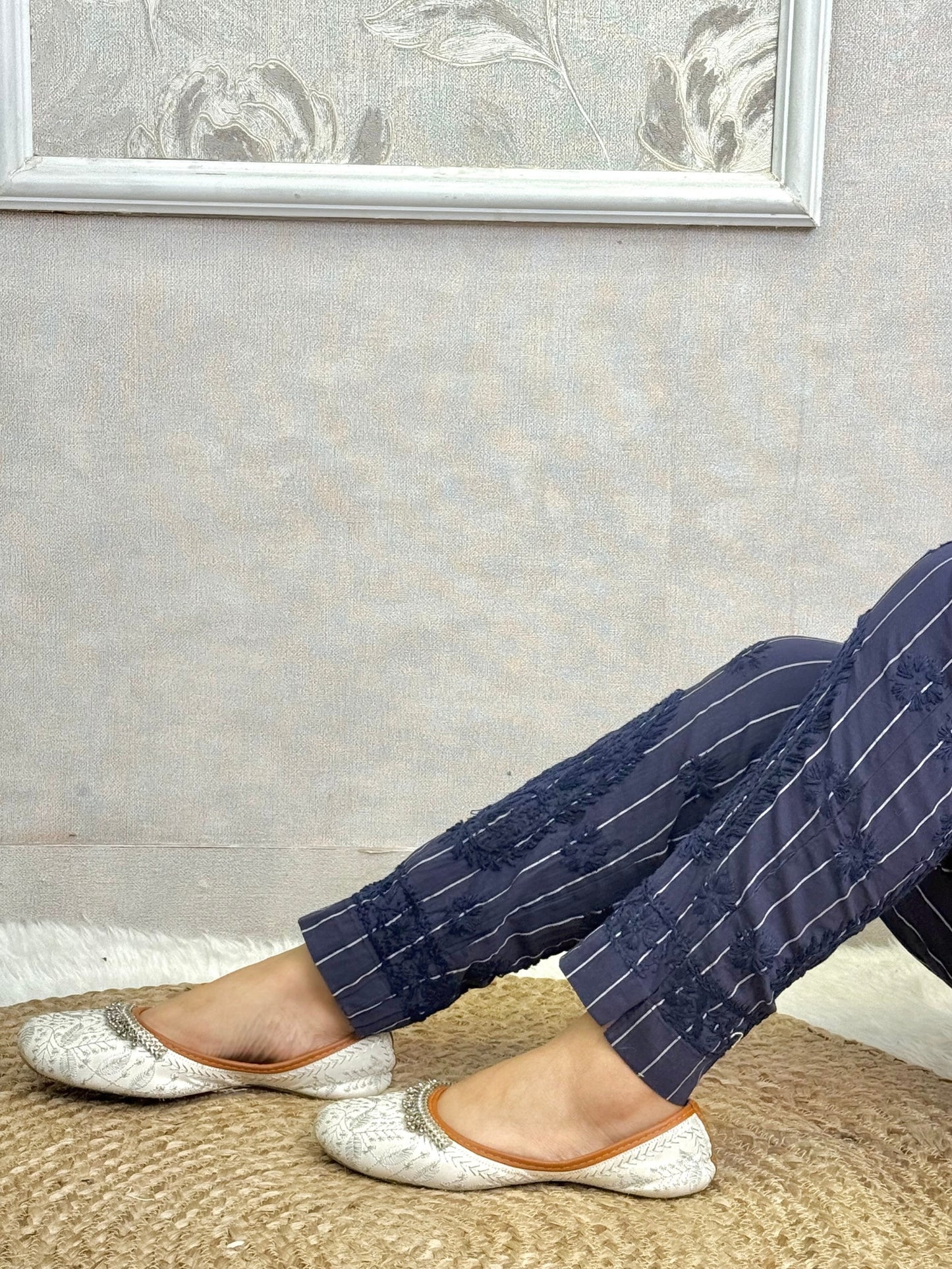Navy blue striped cotton lycra chikankari embroidered pants, stretchable, size 24–42.