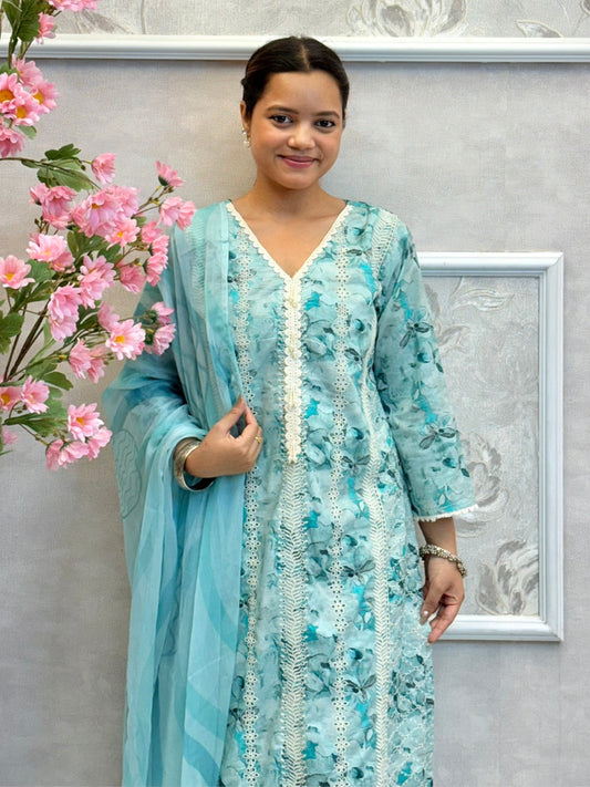 Aqua blue mulmul cotton kurta set with floral print, crochet lace, and chiffon dupatta