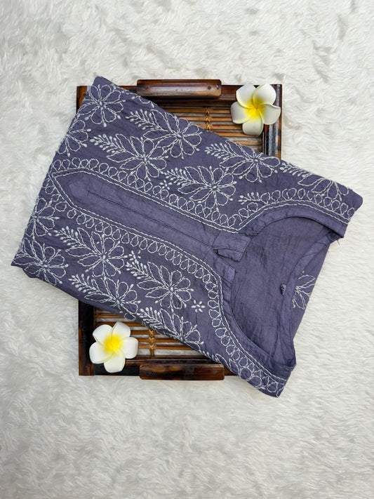 Lucknow Chikankari Lavender Chanderi Kurta with Bakhiya Embroidery