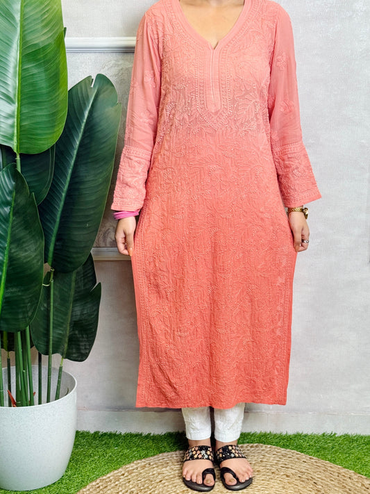 Translucent viscose Lucknow Chikankari kurta with hand embroidery.