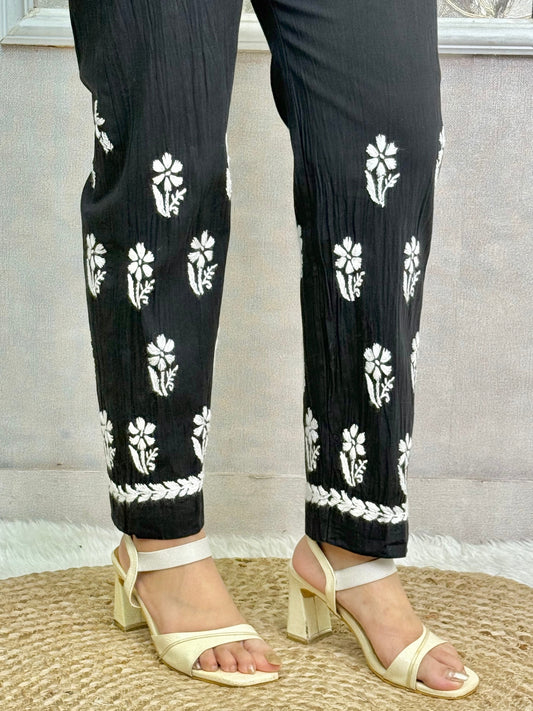 Black cotton lycra chikankari pant with white hand embroidery – stretchable Lucknowi bottom wear